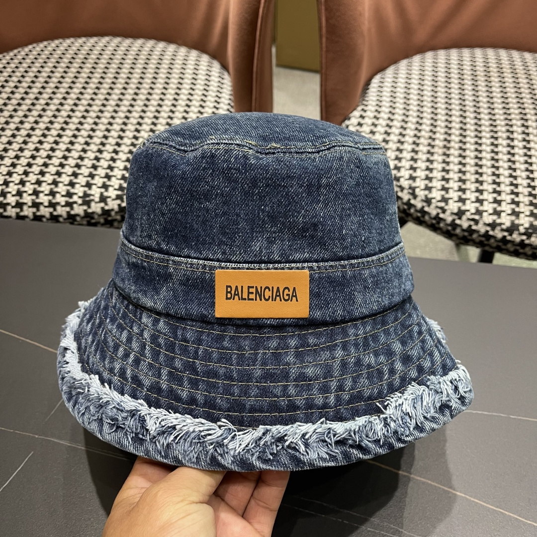 BALENCIAGA巴黎世家潮新款 潮毛边牛仔渔夫帽女春秋季复古水洗直筒帽显脸时尚盆帽帽