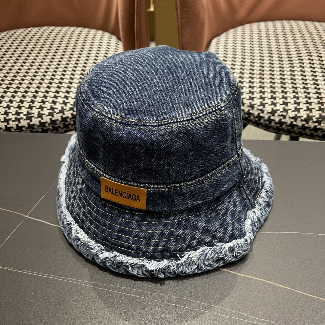 BALENCIAGA巴黎世家潮新款 潮毛边牛仔渔夫帽女春秋季复古水洗直筒帽显脸时尚盆帽帽