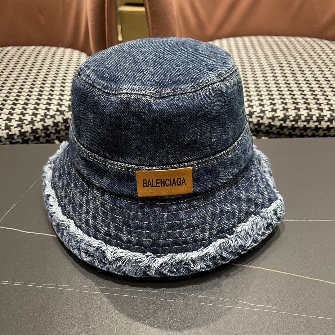 BALENCIAGA巴黎世家潮新款 潮毛边牛仔渔夫帽女春秋季复古水洗直筒帽显脸时尚盆帽帽