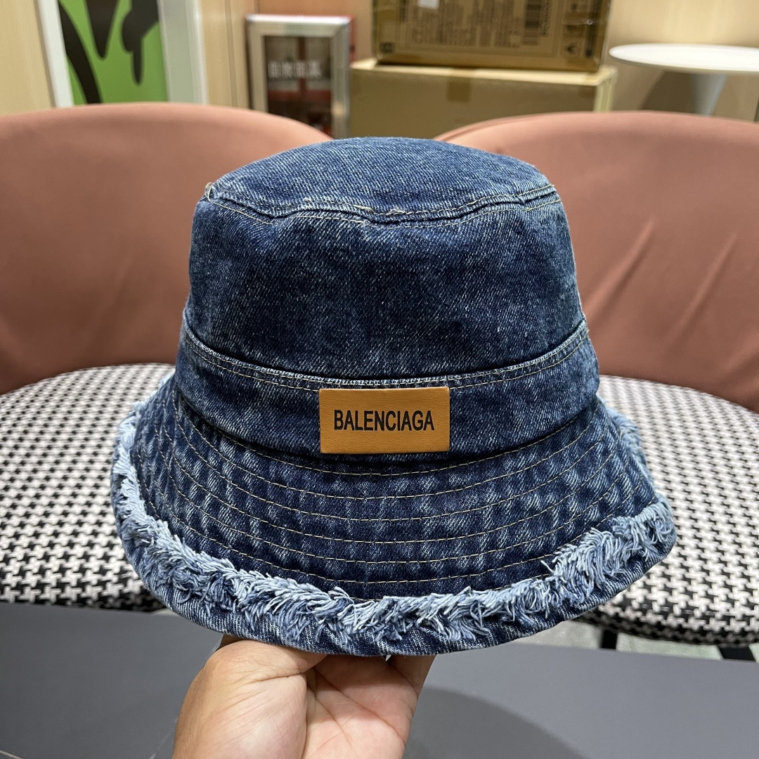 BALENCIAGA巴黎世家潮新款 潮毛边牛仔渔夫帽女春秋季复古水洗直筒帽显脸时尚盆帽帽