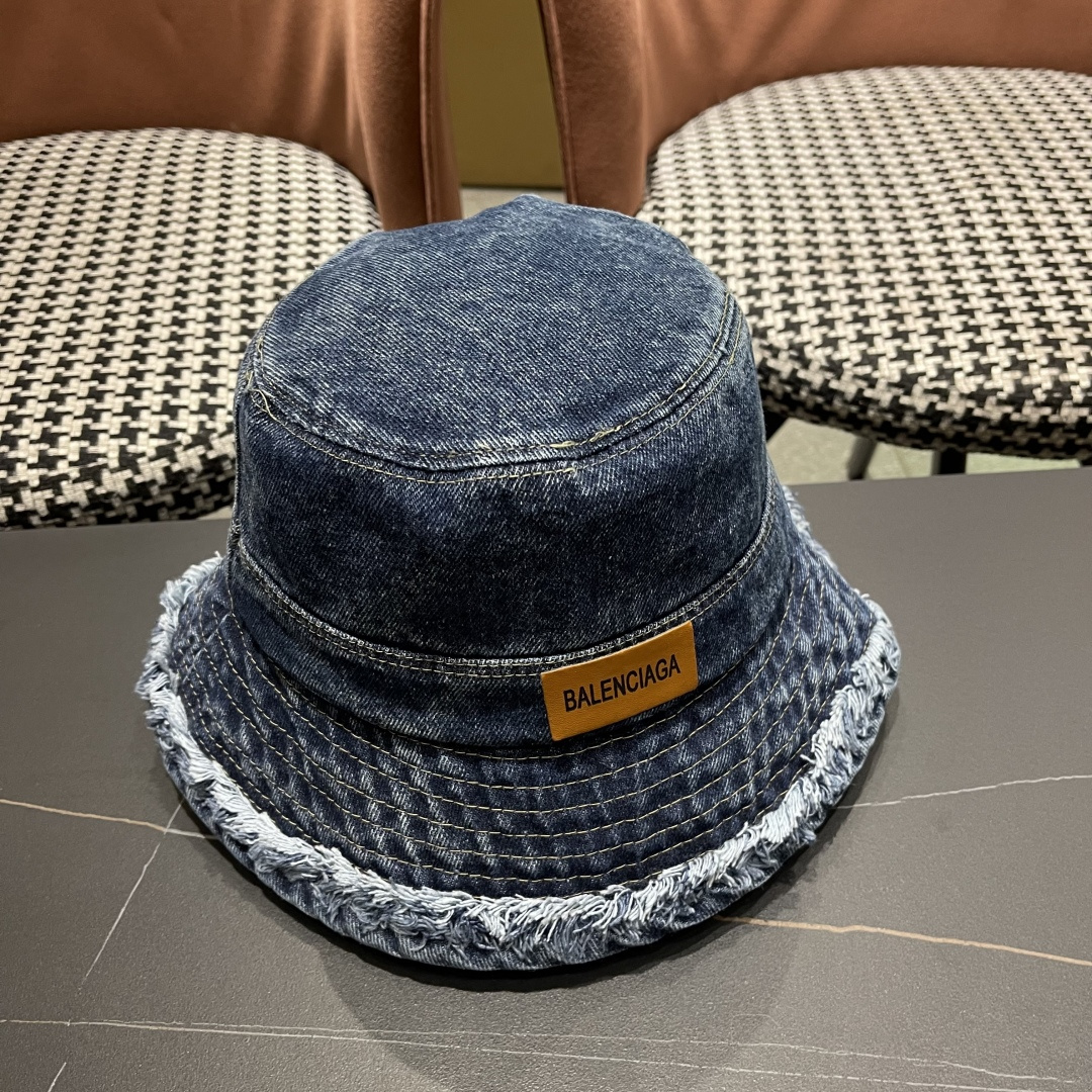 BALENCIAGA巴黎世家潮新款 潮毛边牛仔渔夫帽女春秋季复古水洗直筒帽显脸时尚盆帽帽