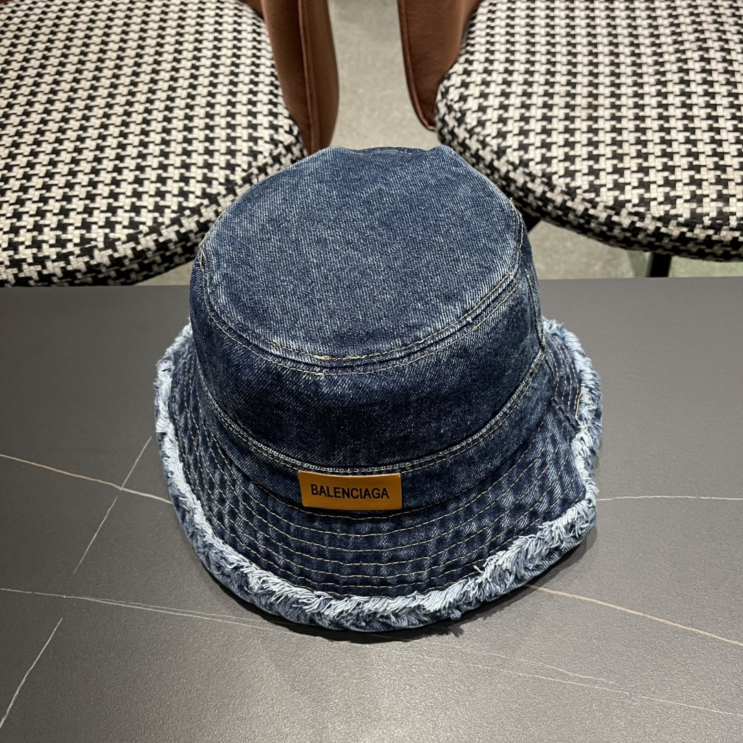 BALENCIAGA巴黎世家潮新款 潮毛边牛仔渔夫帽女春秋季复古水洗直筒帽显脸时尚盆帽帽
