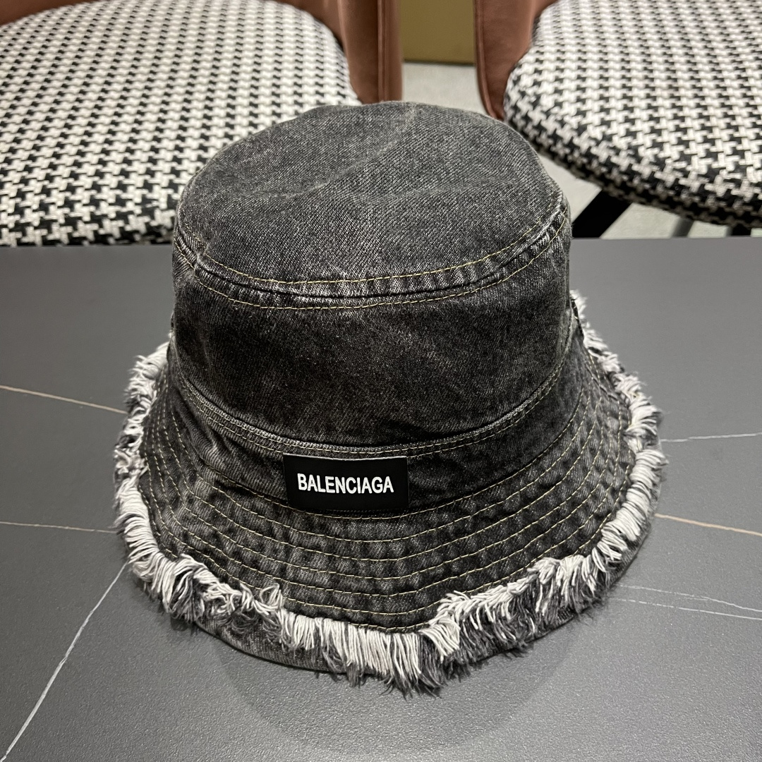 BALENCIAGA巴黎世家潮新款 潮毛边牛仔渔夫帽女春秋季复古水洗直筒帽显脸时尚盆帽帽