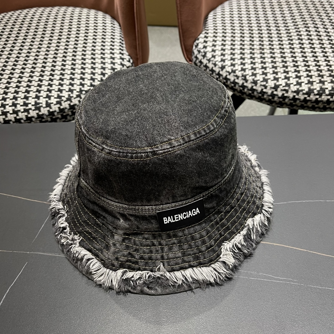 BALENCIAGA巴黎世家潮新款 潮毛边牛仔渔夫帽女春秋季复古水洗直筒帽显脸时尚盆帽帽