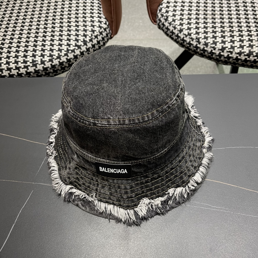 BALENCIAGA巴黎世家潮新款 潮毛边牛仔渔夫帽女春秋季复古水洗直筒帽显脸时尚盆帽帽