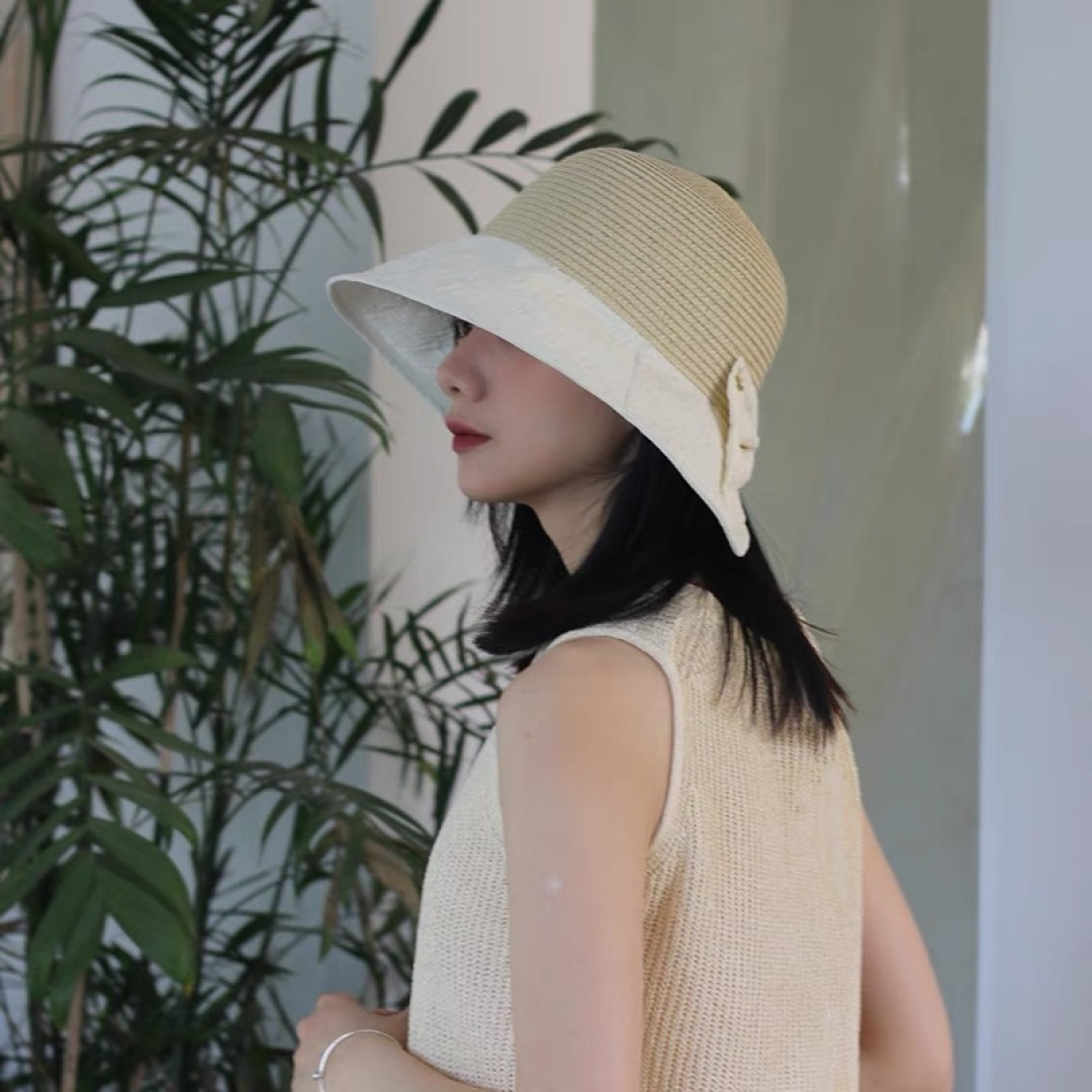  Chanel香奈儿日系优雅开叉蝴蝶结渔夫帽布草拼接大檐遮阳帽太
阳帽可折叠草帽潮