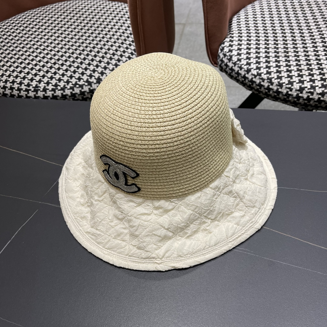  Chanel香奈儿日系优雅开叉蝴蝶结渔夫帽布草拼接大檐遮阳帽太
阳帽可折叠草帽潮