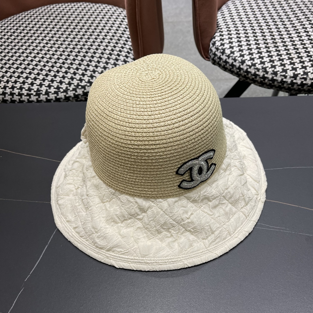 Chanel香奈儿日系优雅开叉蝴蝶结渔夫帽布草拼接大檐遮阳帽太
阳帽可折叠草帽潮