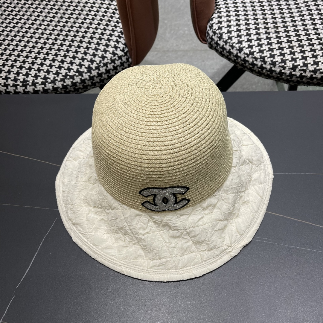  Chanel香奈儿日系优雅开叉蝴蝶结渔夫帽布草拼接大檐遮阳帽太
阳帽可折叠草帽潮