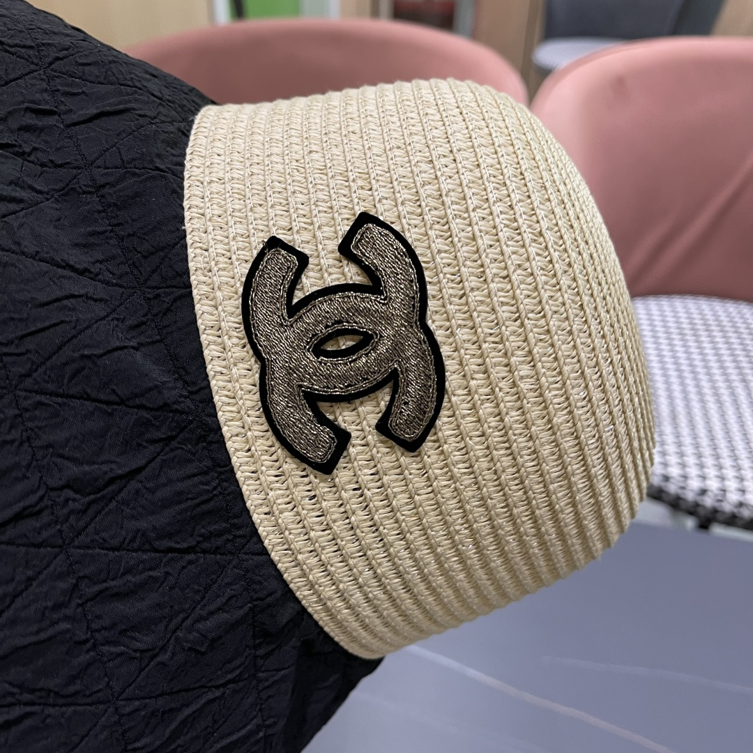  Chanel香奈儿日系优雅开叉蝴蝶结渔夫帽布草拼接大檐遮阳帽太
阳帽可折叠草帽潮