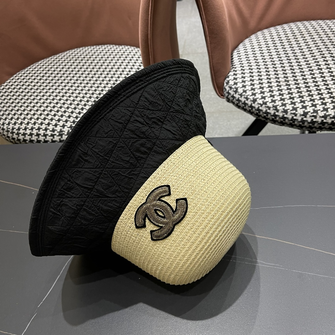  Chanel香奈儿日系优雅开叉蝴蝶结渔夫帽布草拼接大檐遮阳帽太
阳帽可折叠草帽潮