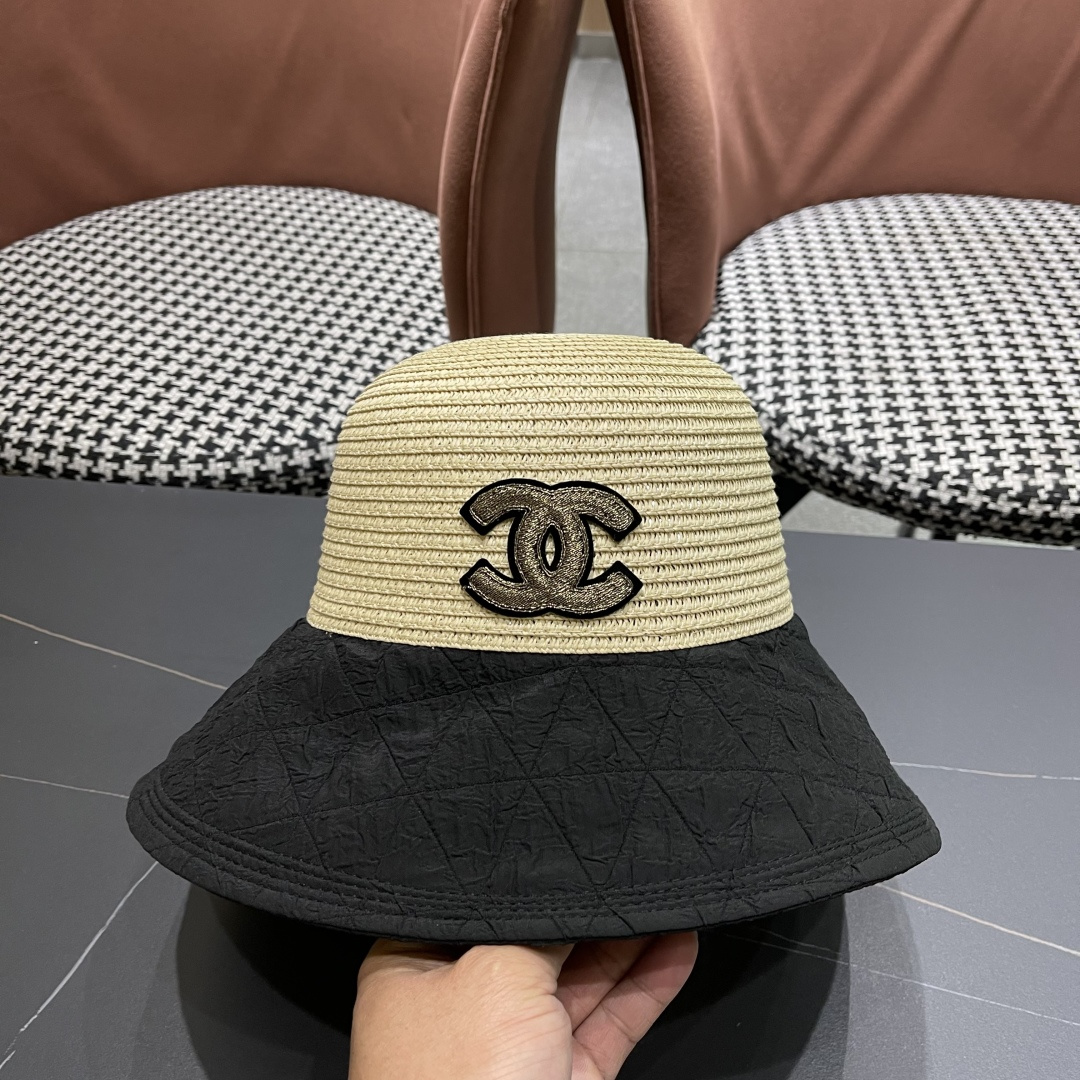  Chanel香奈儿日系优雅开叉蝴蝶结渔夫帽布草拼接大檐遮阳帽太
阳帽可折叠草帽潮