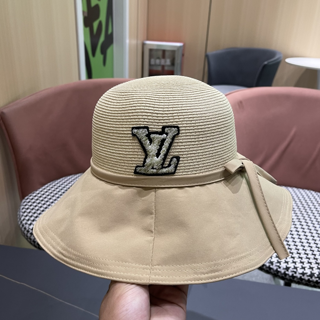 Lv路易威登 2026新款韩版蝴蝶结系带渔夫帽子女出游草编遮阳 帽显脸小防晒盆帽
