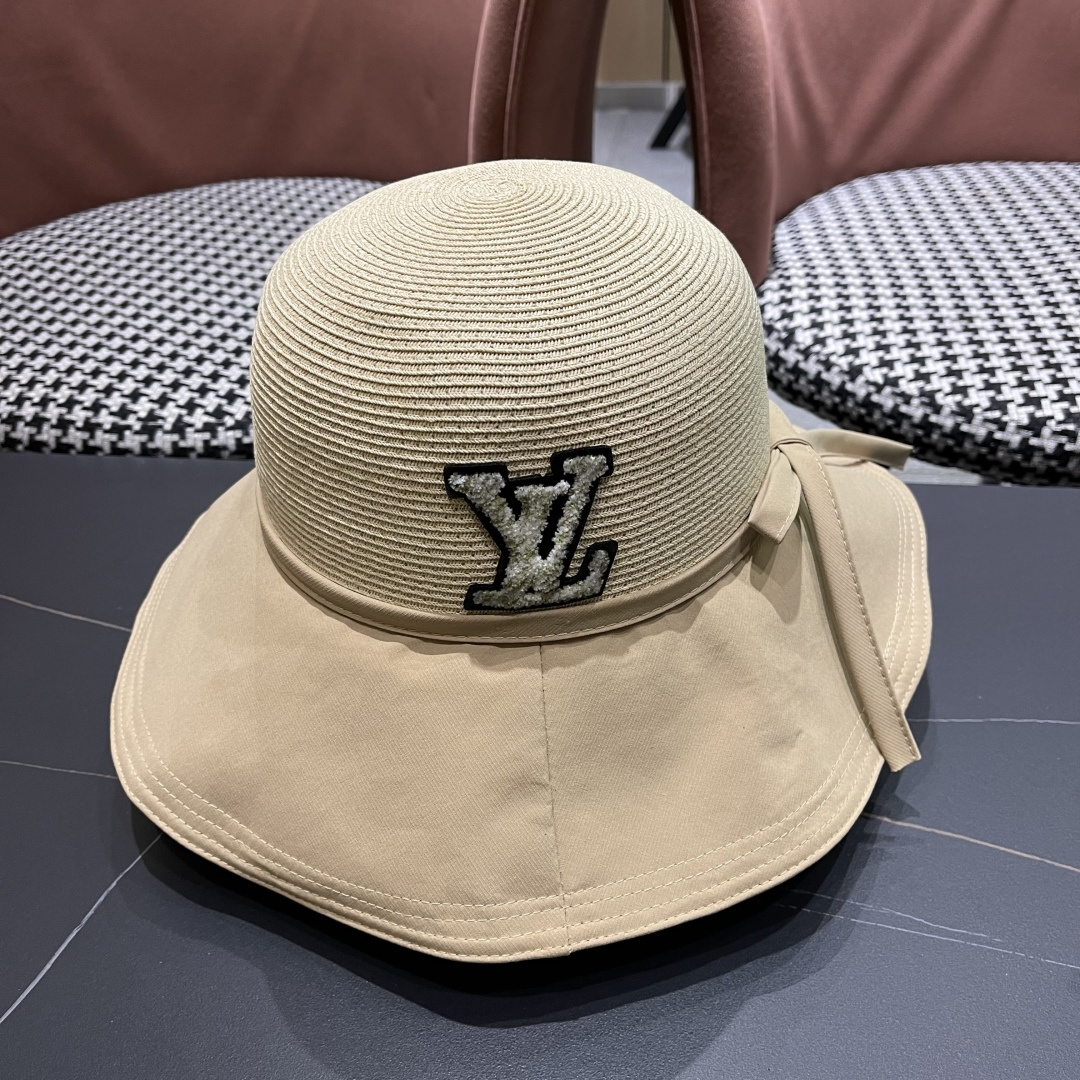 Lv路易威登 2026新款韩版蝴蝶结系带渔夫帽子女出游草编遮阳 帽显脸小防晒盆帽