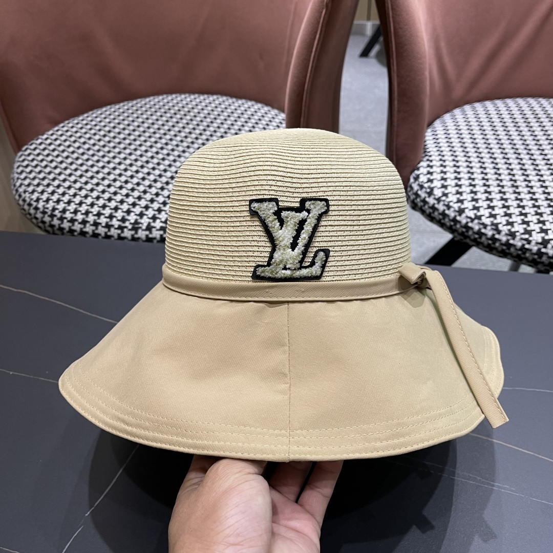 Lv路易威登 2026新款韩版蝴蝶结系带渔夫帽子女出游草编遮阳 帽显脸小防晒盆帽