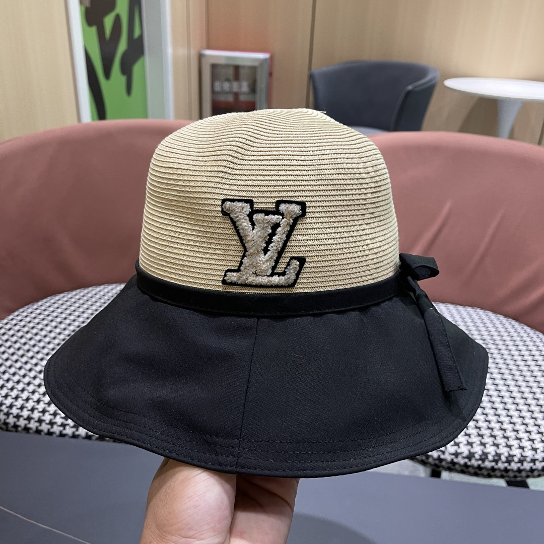 Lv路易威登 2026新款韩版蝴蝶结系带渔夫帽子女出游草编遮阳 帽显脸小防晒盆帽