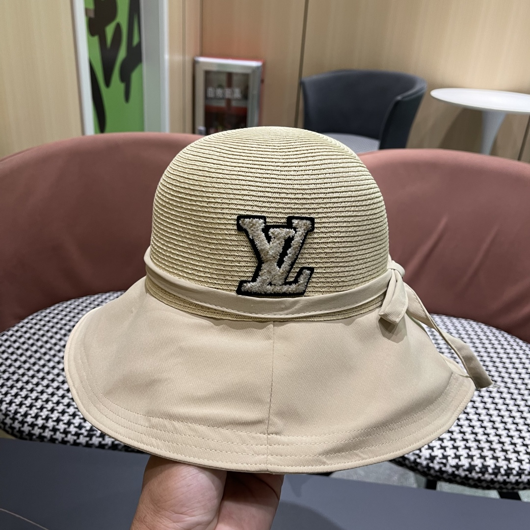 Lv路易威登 2026新款韩版蝴蝶结系带渔夫帽子女出游草编遮阳 帽显脸小防晒盆帽