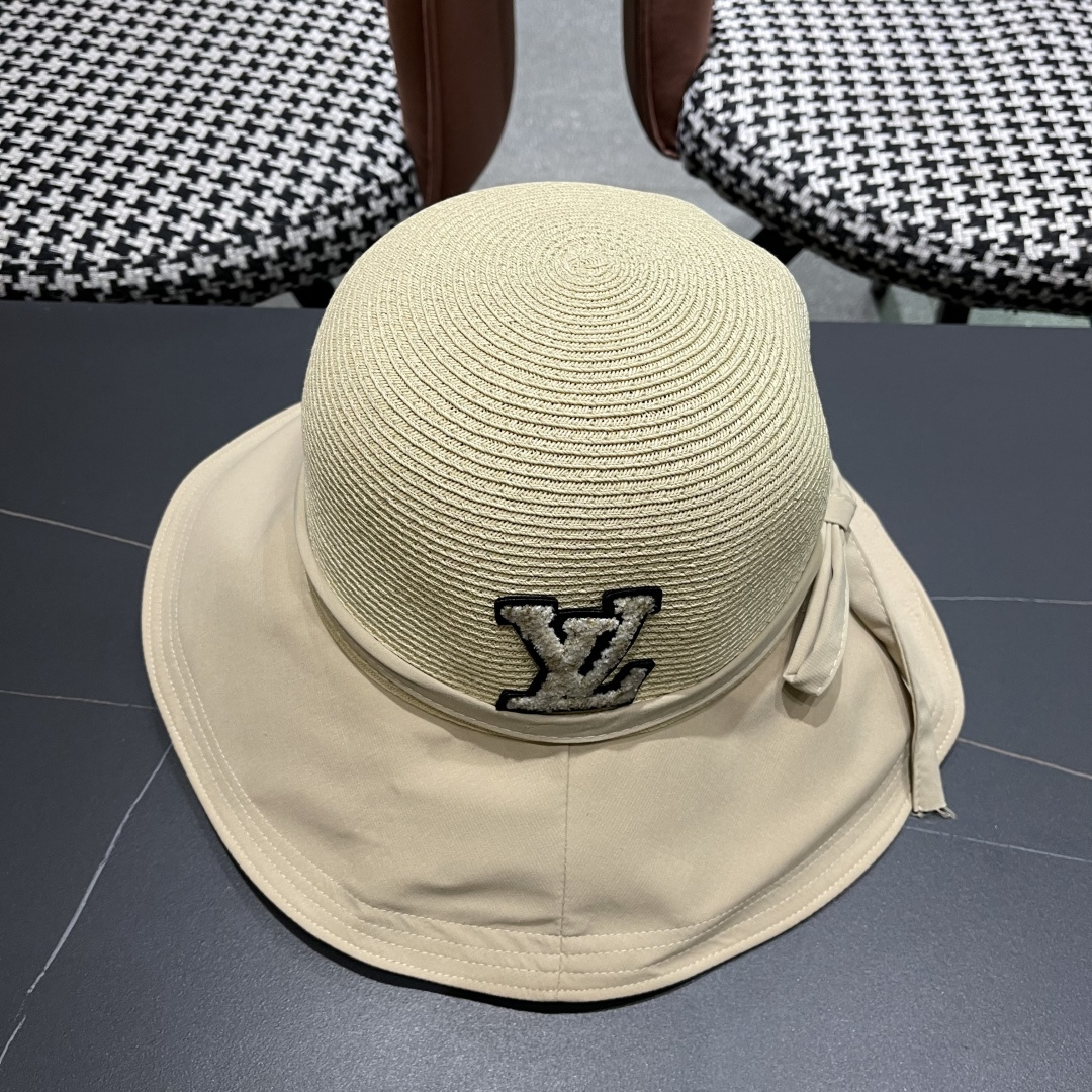 Lv路易威登 2026新款韩版蝴蝶结系带渔夫帽子女出游草编遮阳 帽显脸小防晒盆帽