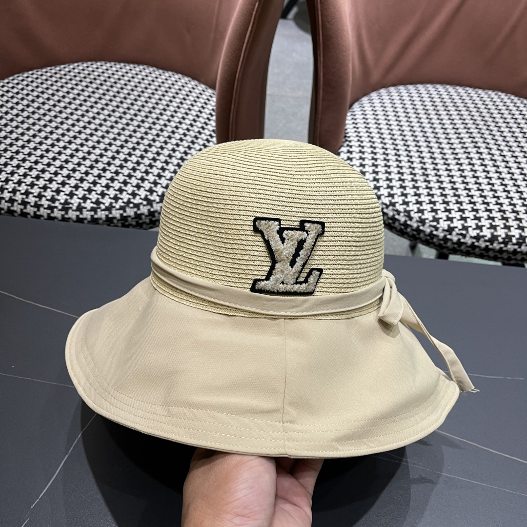 Lv路易威登 2026新款韩版蝴蝶结系带渔夫帽子女出游草编遮阳 帽显脸小防晒盆帽