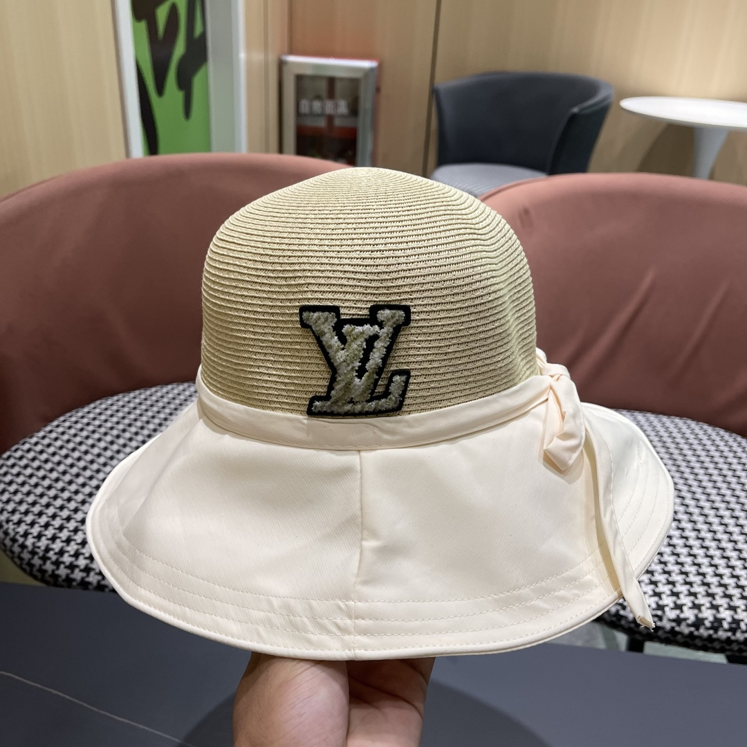 Lv路易威登 2026新款韩版蝴蝶结系带渔夫帽子女出游草编遮阳 帽显脸小防晒盆帽