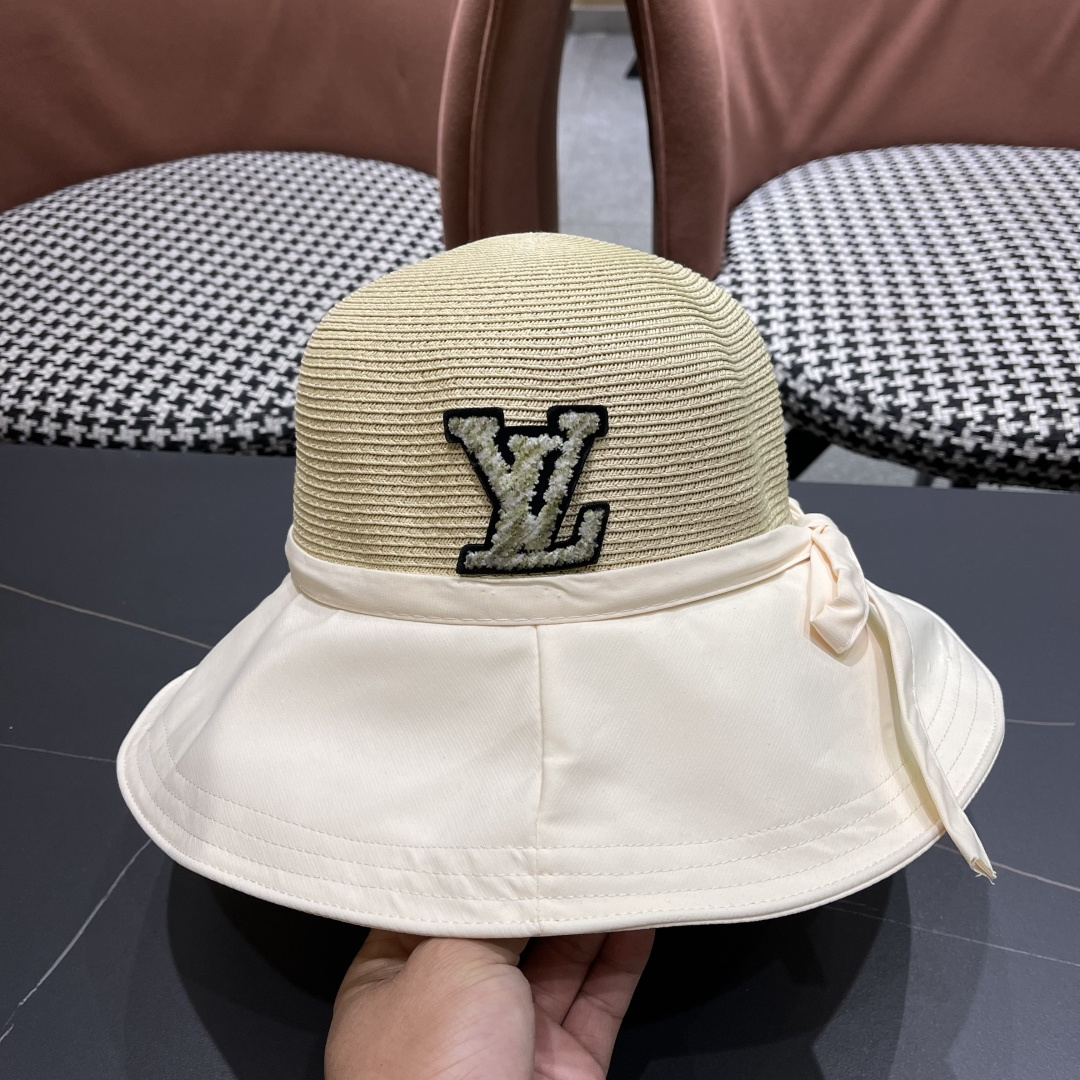 Lv路易威登 2026新款韩版蝴蝶结系带渔夫帽子女出游草编遮阳 帽显脸小防晒盆帽