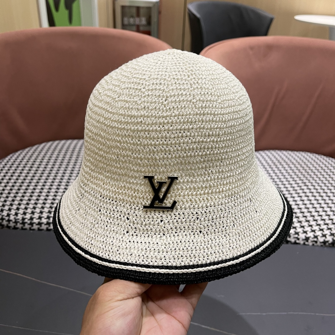 Lv路易威登手工编织盆帽遮阳防晒帽子女韩版镂空透气夏季可折叠显脸小渔夫帽