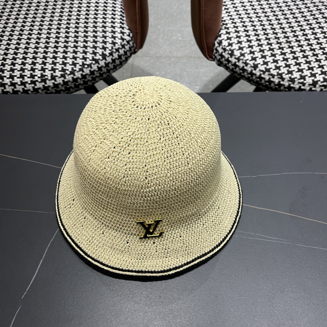 Lv路易威登手工编织盆帽遮阳防晒帽子女韩版镂空透气夏季可折叠显脸小渔夫帽