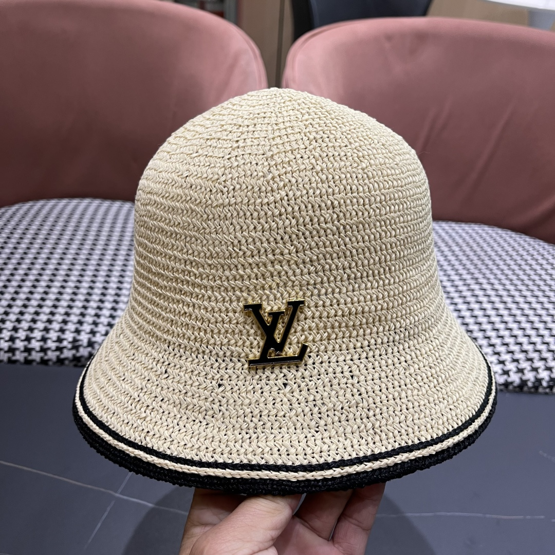 Lv路易威登手工编织盆帽遮阳防晒帽子女韩版镂空透气夏季可折叠显脸小渔夫帽
