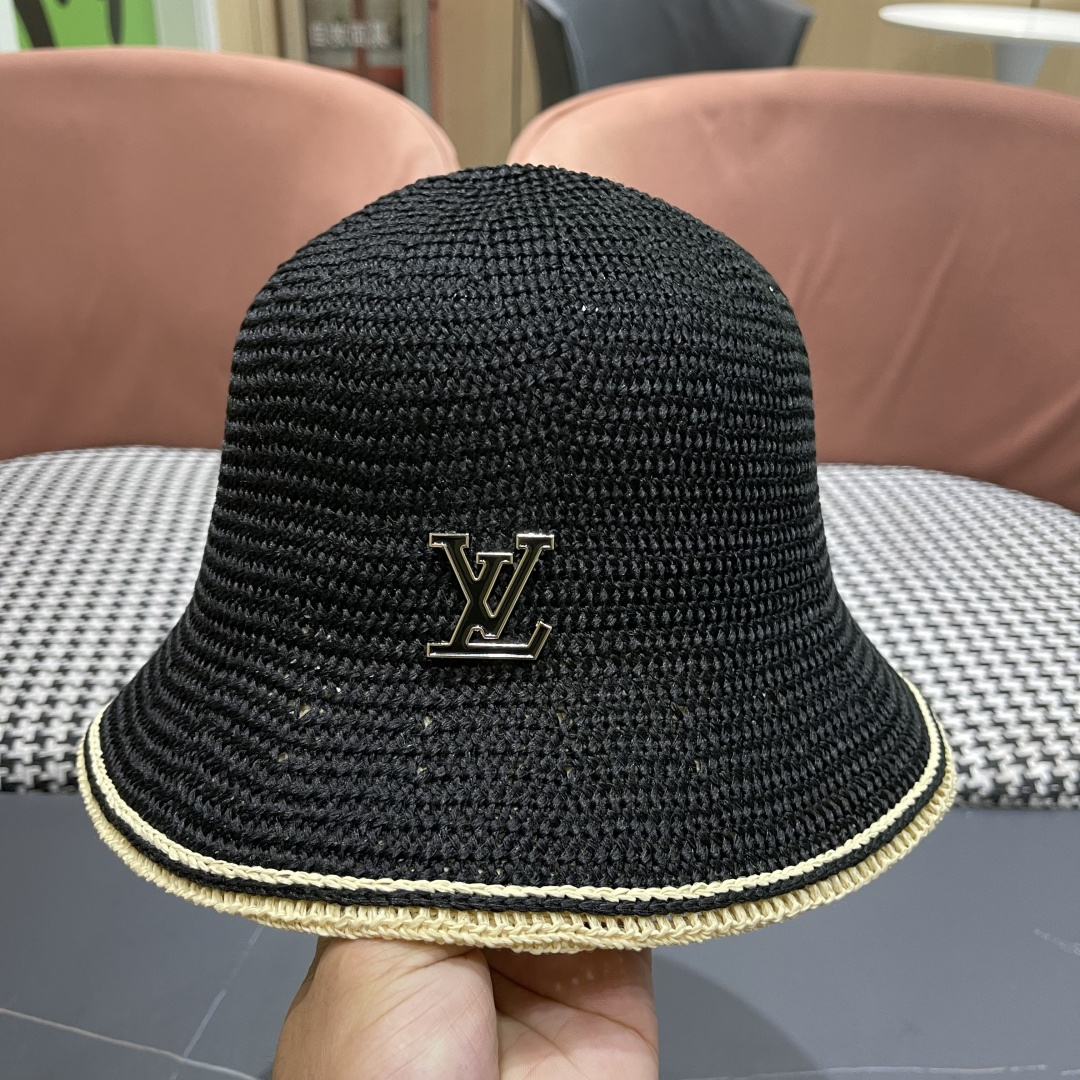 Lv路易威登手工编织盆帽遮阳防晒帽子女韩版镂空透气夏季可折叠显脸小渔夫帽