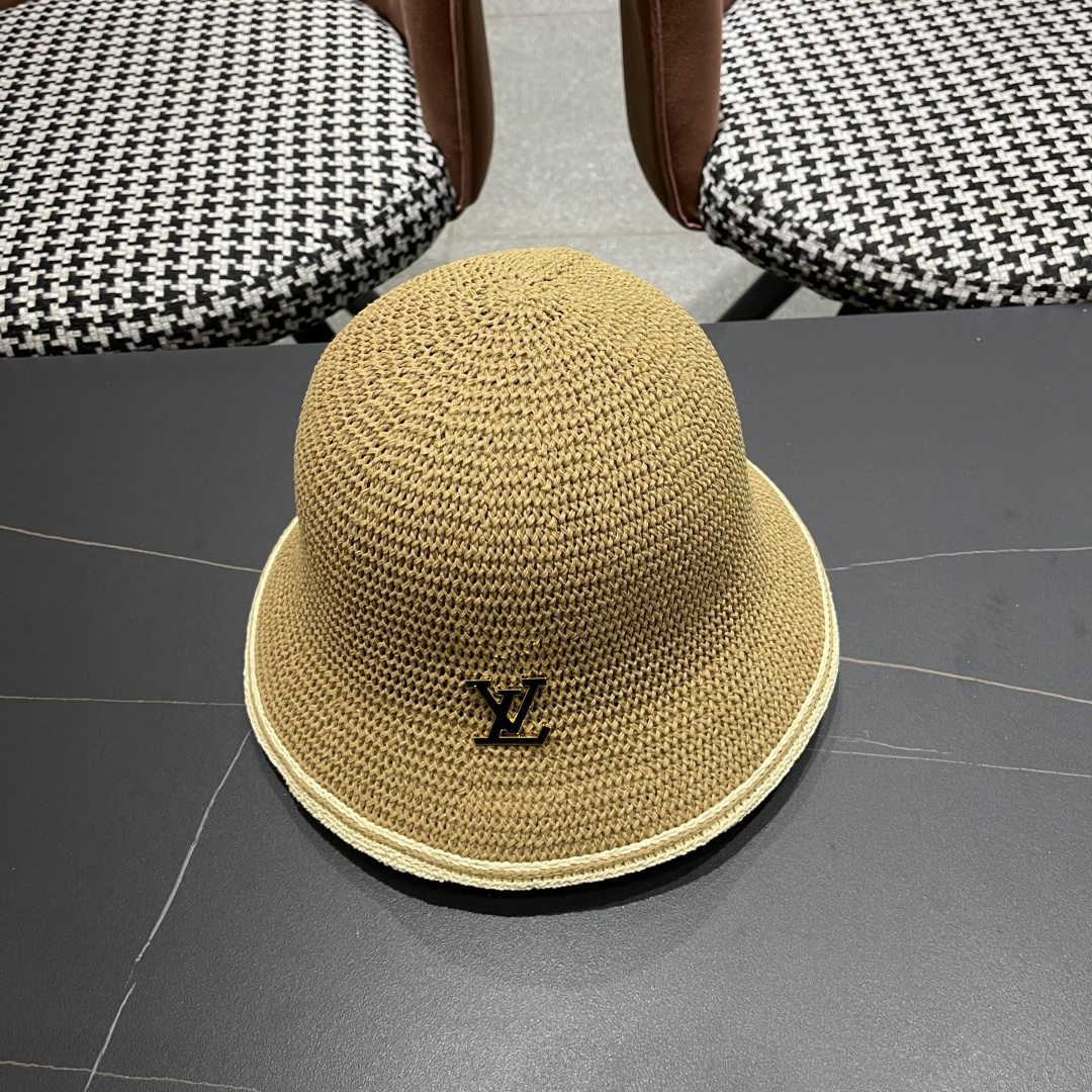Lv路易威登手工编织盆帽遮阳防晒帽子女韩版镂空透气夏季可折叠显脸小渔夫帽