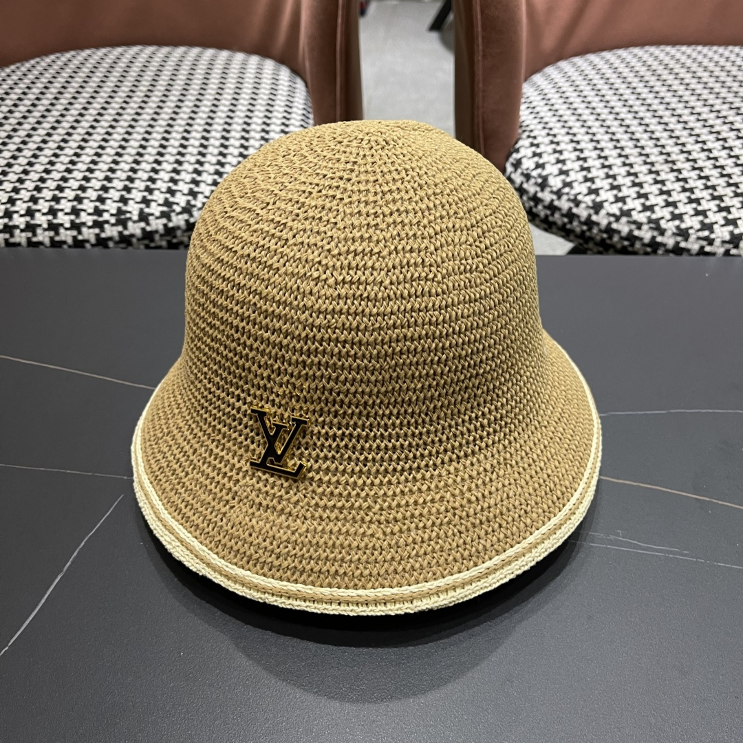 Lv路易威登手工编织盆帽遮阳防晒帽子女韩版镂空透气夏季可折叠显脸小渔夫帽