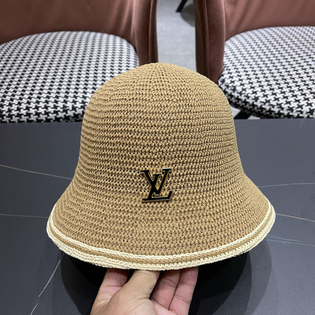 Lv路易威登手工编织盆帽遮阳防晒帽子女韩版镂空透气夏季可折叠显脸小渔夫帽