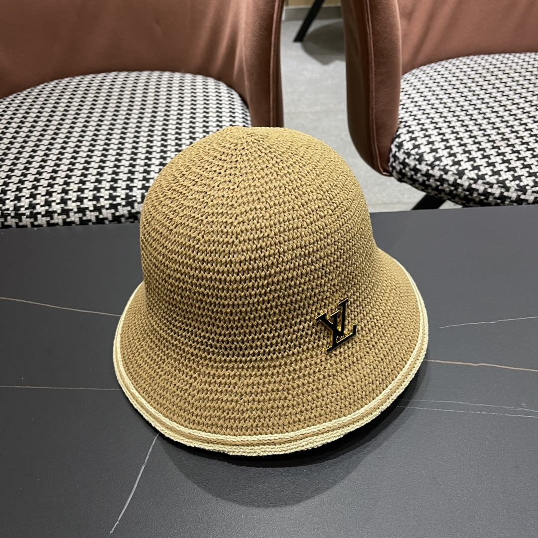 Lv路易威登手工编织盆帽遮阳防晒帽子女韩版镂空透气夏季可折叠显脸小渔夫帽
