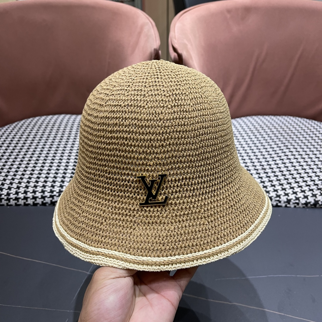 Lv路易威登手工编织盆帽遮阳防晒帽子女韩版镂空透气夏季可折叠显脸小渔夫帽