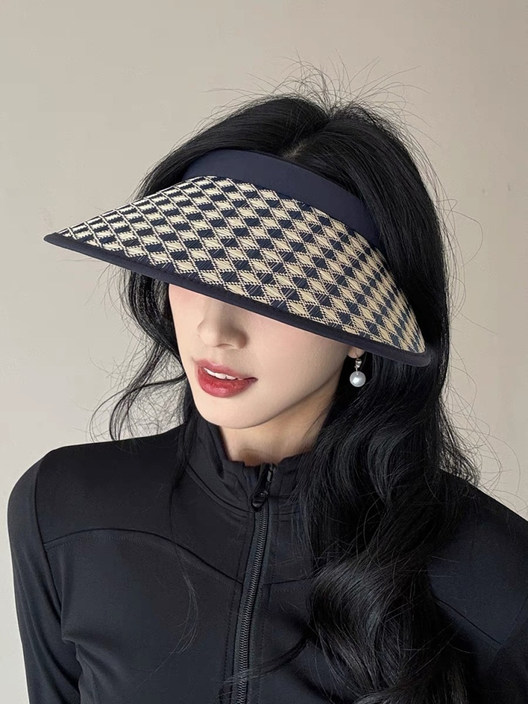 Lv路易威登 千鸟格防晒帽子女2025新款夏季防紫外线发箍遮阳大帽檐空顶太阳帽