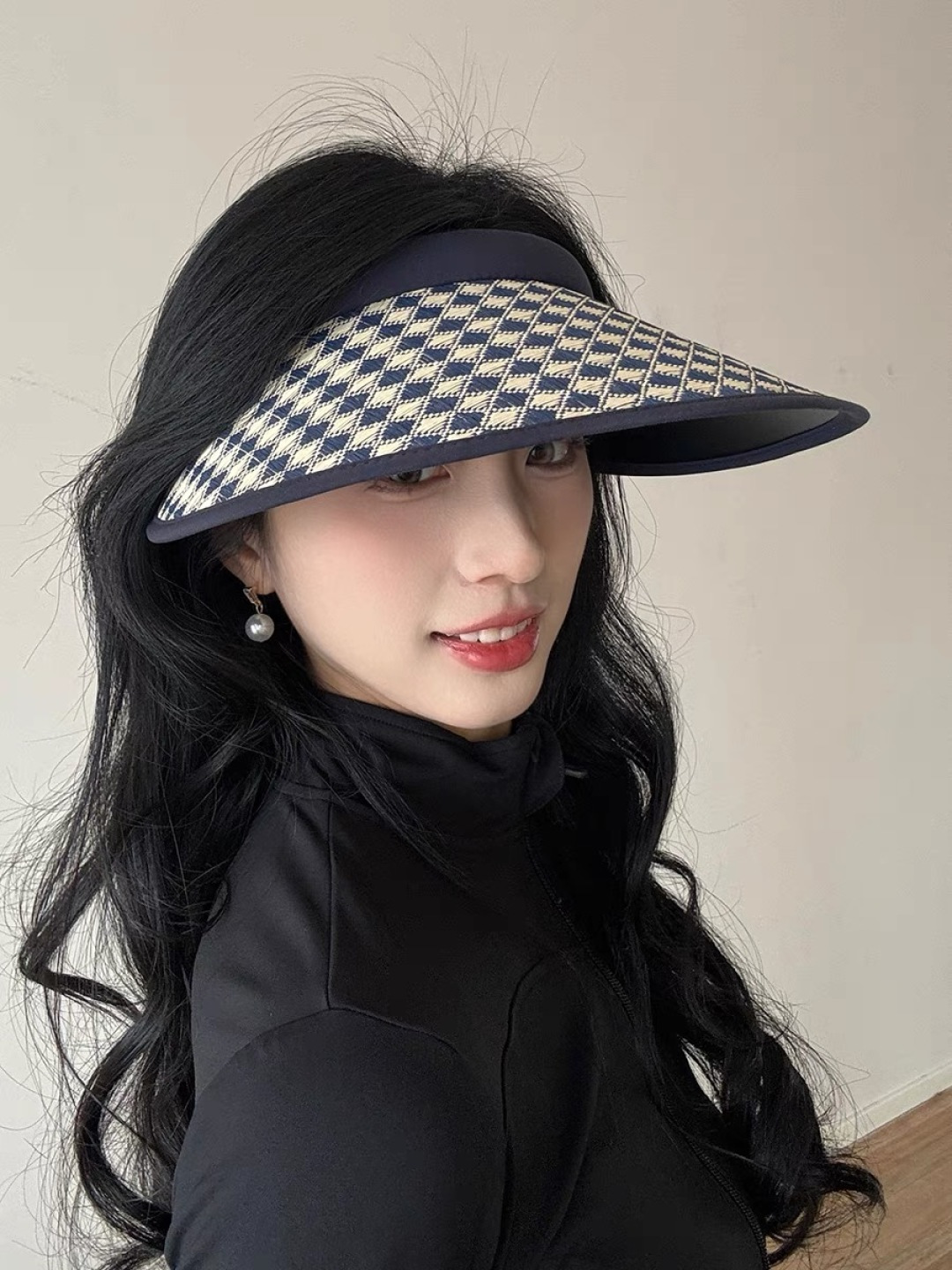 Lv路易威登 千鸟格防晒帽子女2025新款夏季防紫外线发箍遮阳大帽檐空顶太阳帽