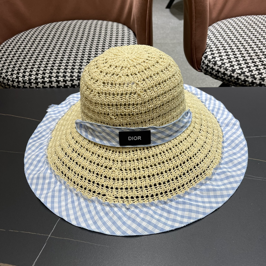 Dior迪奥2025新春蓝格飘带镂空编织草帽女大帽檐遮阳防晒法式海边度假帽子