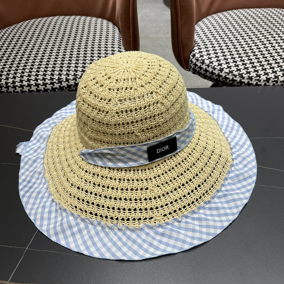 Dior迪奥2025新春蓝格飘带镂空编织草帽女大帽檐遮阳防晒法式海边度假帽子