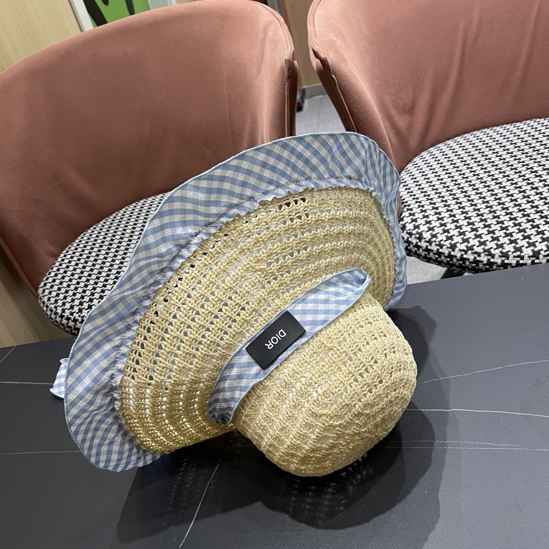 Dior迪奥2025新春蓝格飘带镂空编织草帽女大帽檐遮阳防晒法式海边度假帽子