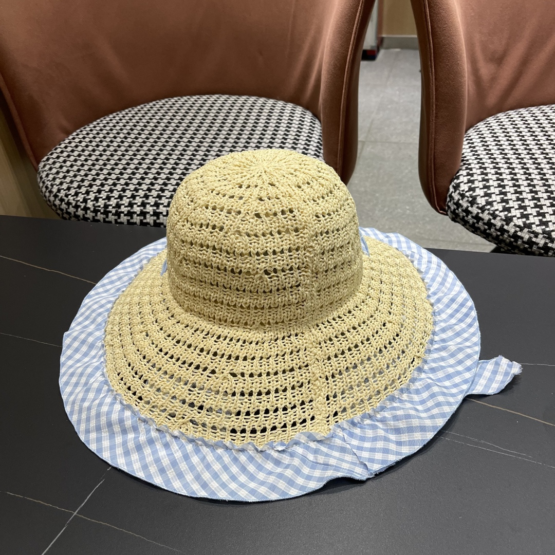 Dior迪奥2025新春蓝格飘带镂空编织草帽女大帽檐遮阳防晒法式海边度假帽子