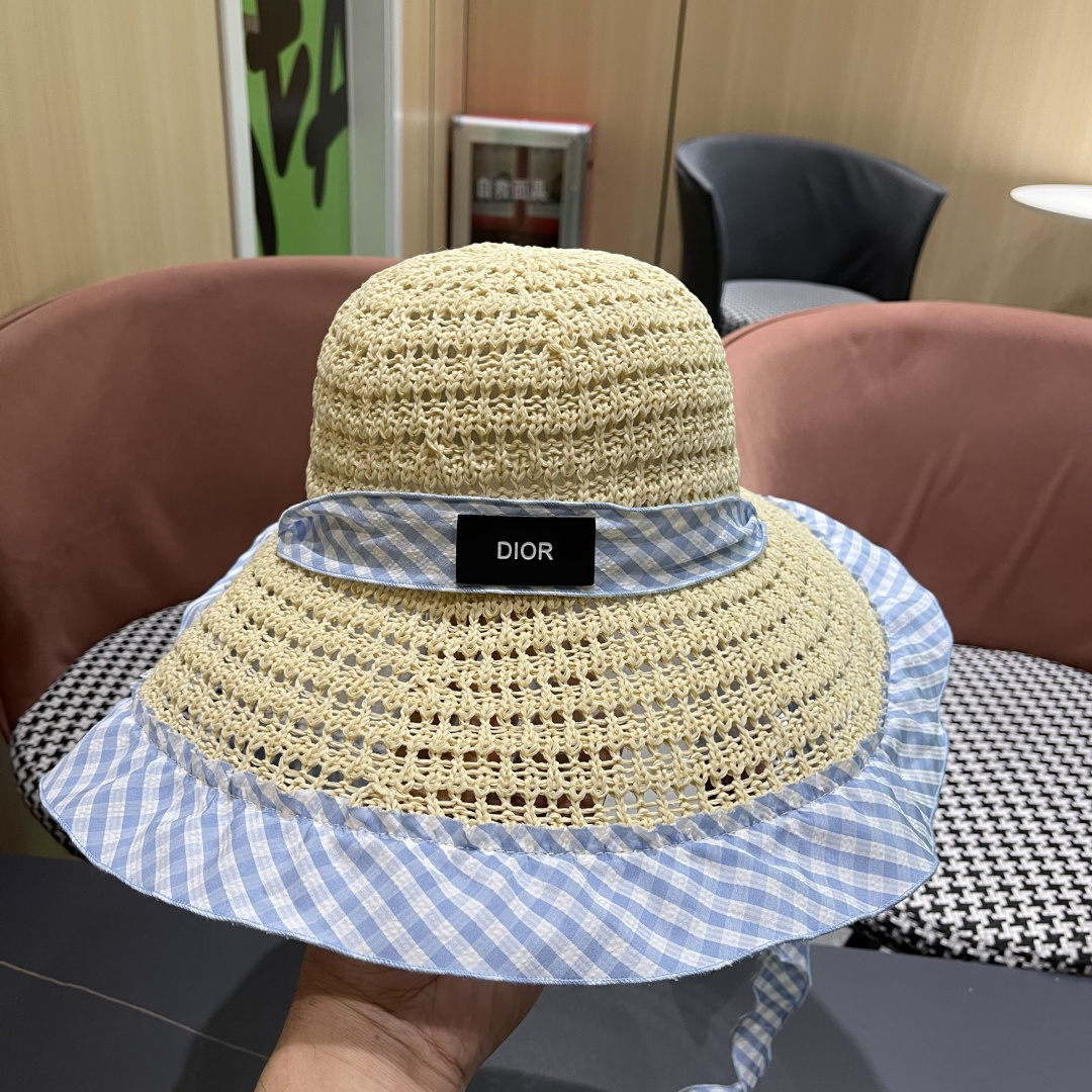 Dior迪奥2025新春蓝格飘带镂空编织草帽女大帽檐遮阳防晒法式海边度假帽子