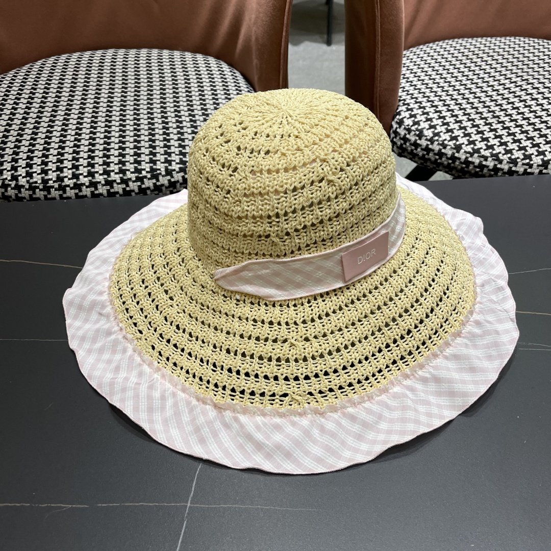 Dior迪奥2025新春蓝格飘带镂空编织草帽女大帽檐遮阳防晒法式海边度假帽子