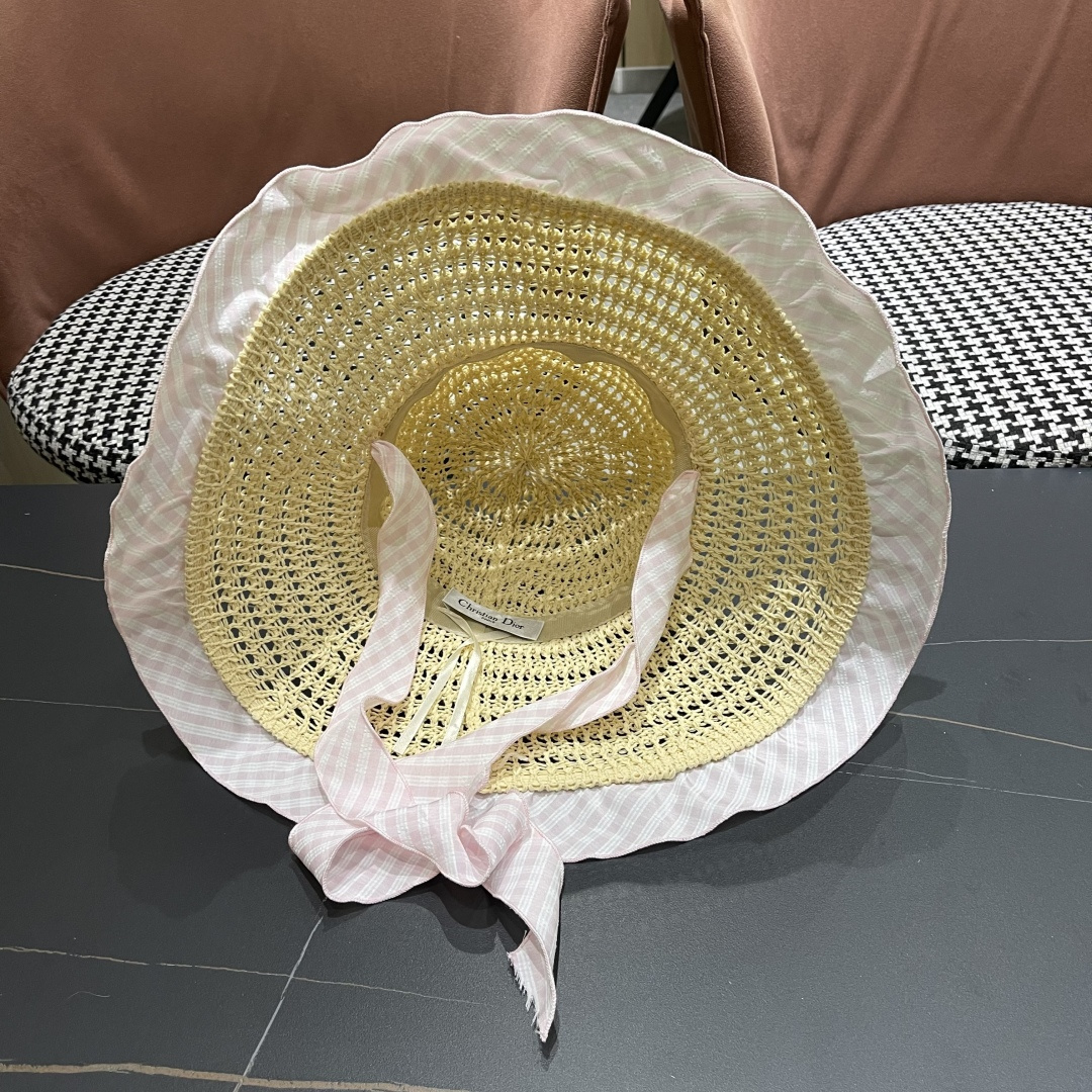 Dior迪奥2025新春蓝格飘带镂空编织草帽女大帽檐遮阳防晒法式海边度假帽子