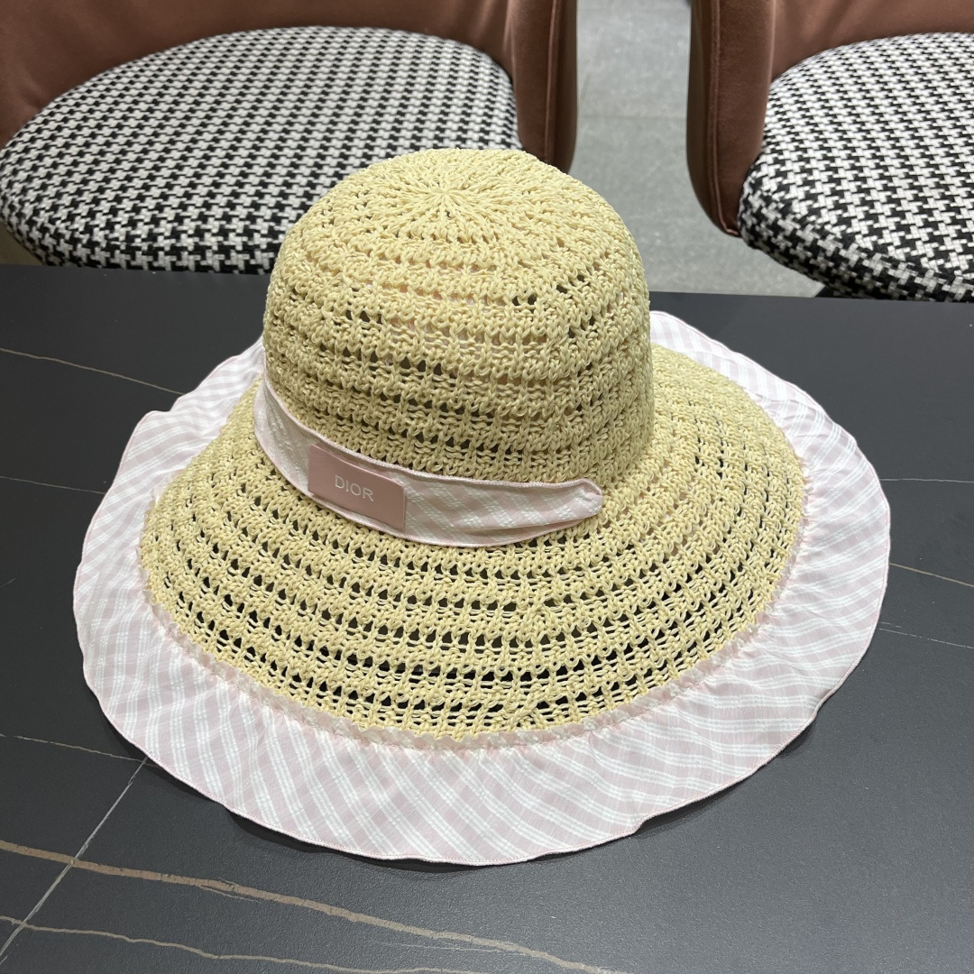 Dior迪奥2025新春蓝格飘带镂空编织草帽女大帽檐遮阳防晒法式海边度假帽子