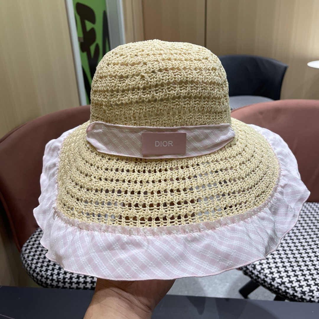 Dior迪奥2025新春蓝格飘带镂空编织草帽女大帽檐遮阳防晒法式海边度假帽子