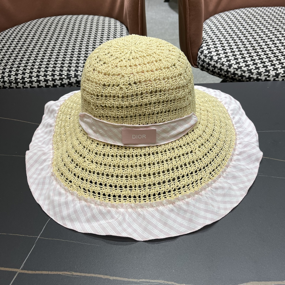 Dior迪奥2025新春蓝格飘带镂空编织草帽女大帽檐遮阳防晒法式海边度假帽子
