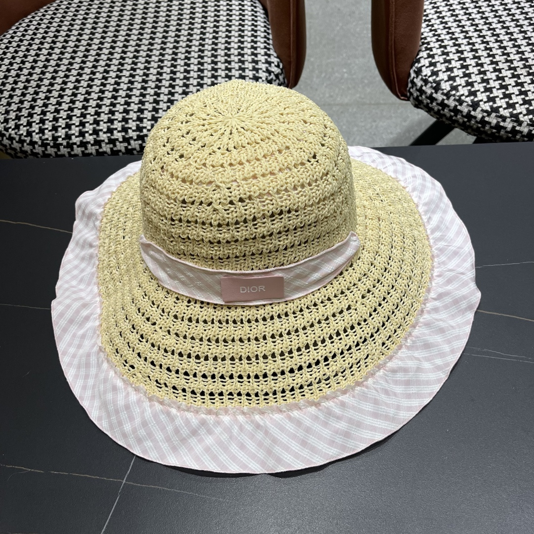 Dior迪奥2025新春蓝格飘带镂空编织草帽女大帽檐遮阳防晒法式海边度假帽子