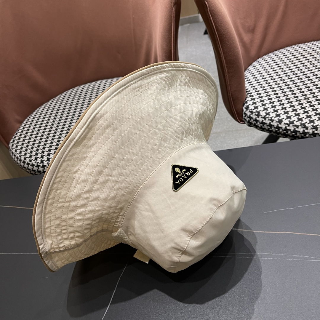 PRADA普拉达韩版系带遮阳帽子女户外夏季双面可戴大帽檐太阳帽防晒遮脸渔夫帽