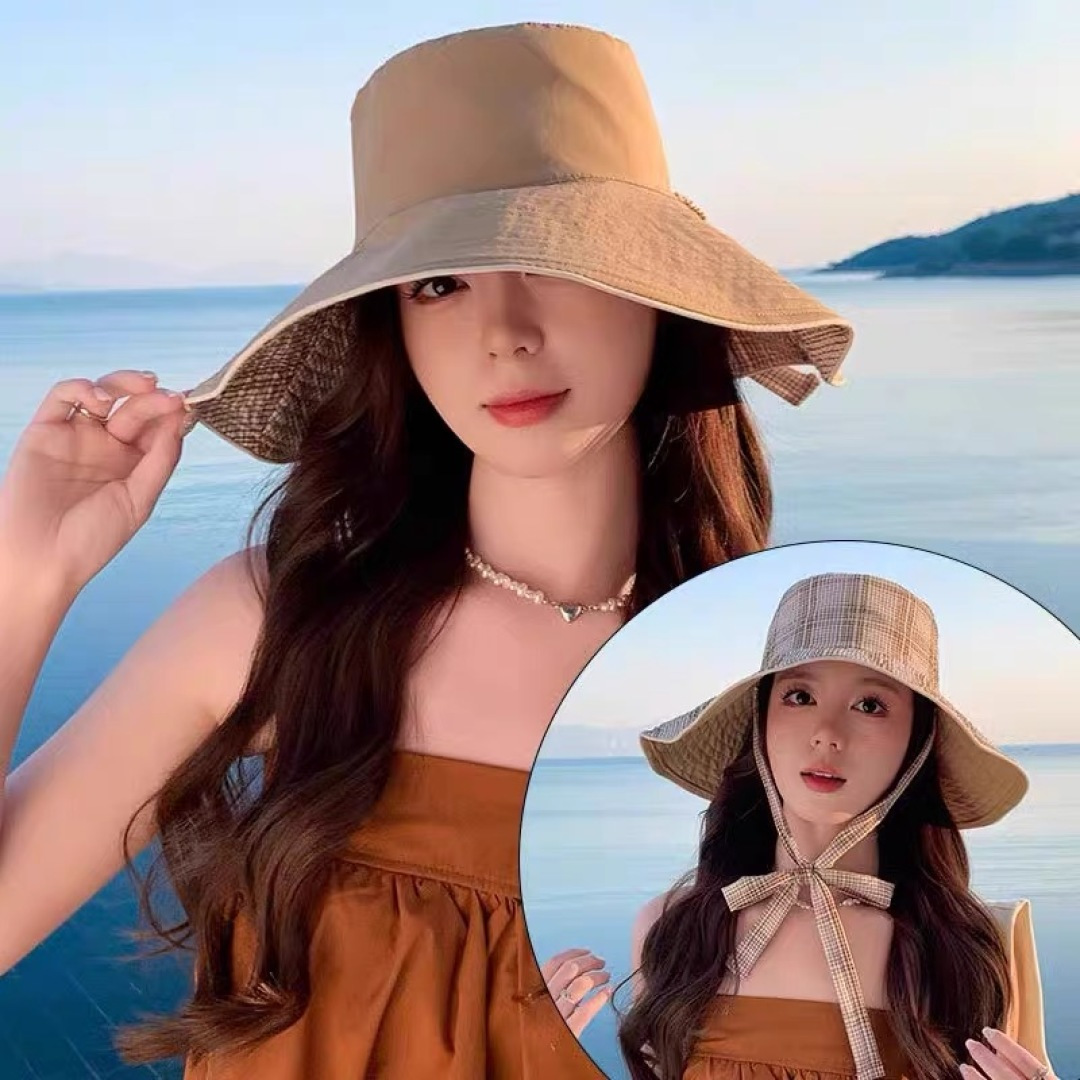 PRADA普拉达韩版系带遮阳帽子女户外夏季双面可戴大帽檐太阳帽防晒遮脸渔夫帽