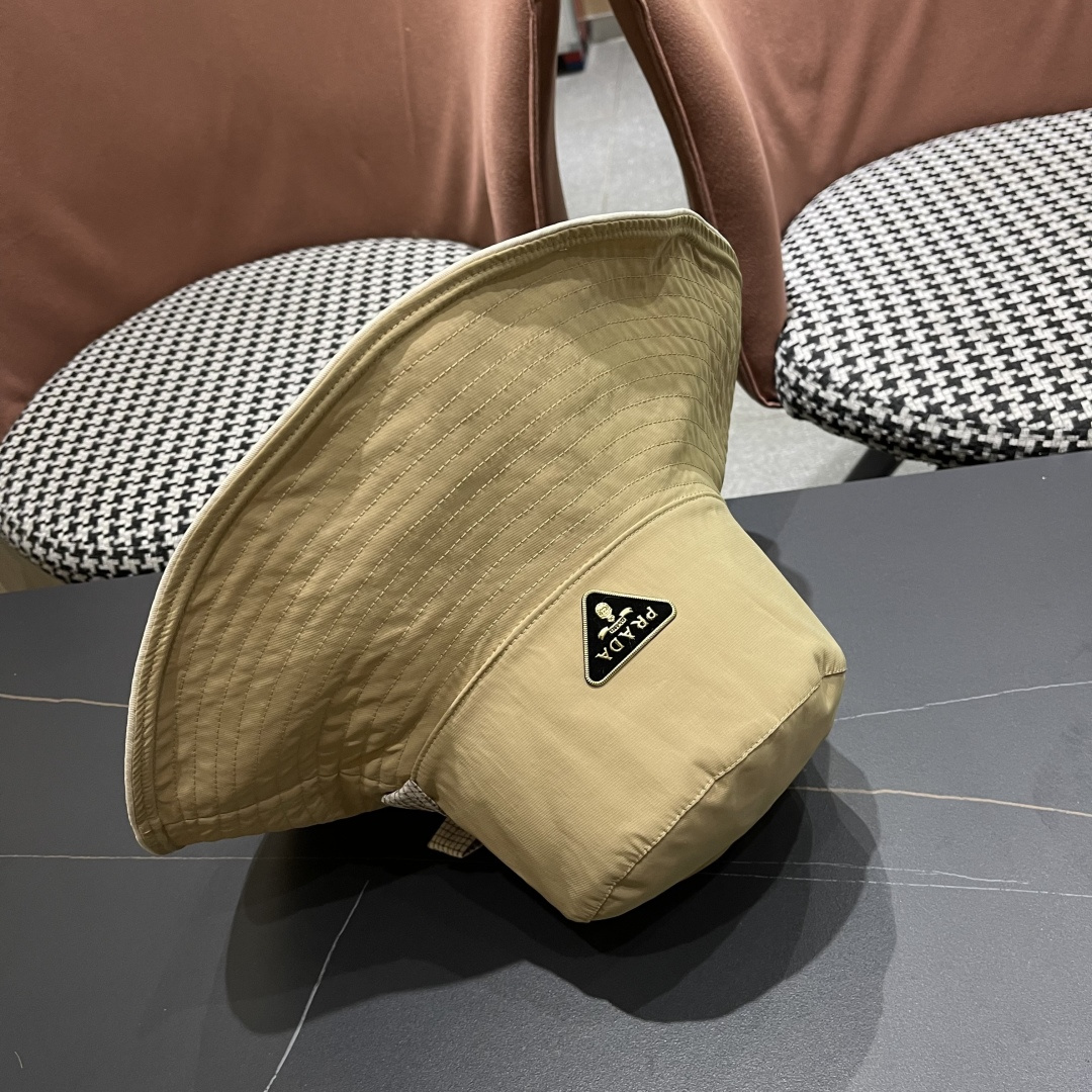 PRADA普拉达韩版系带遮阳帽子女户外夏季双面可戴大帽檐太阳帽防晒遮脸渔夫帽